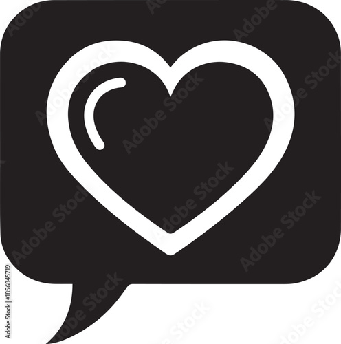 White heart symbol inside a black speech bubble on a white background love chat message