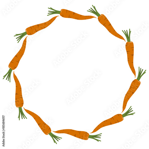 Round frame with carrots. Hand-drawn vegetables. Vegetarian diet food with vitamins for preparing delicious and healthy dishes.
