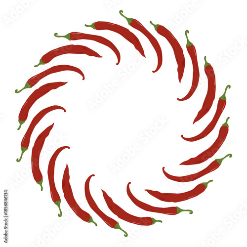 Round frame with chili peppers. Hand-drawn vegetables. Vegetarian diet food with vitamins for preparing delicious and healthy dishes.
