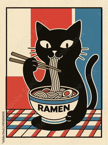 black cat eating ramen with chopsticks