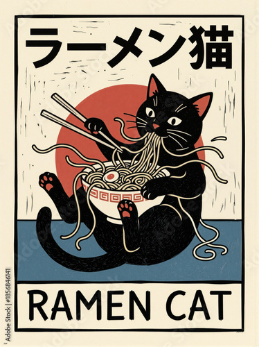 black cat eating ramen with chopsticks