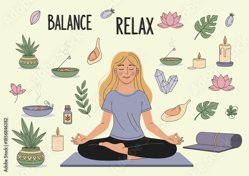 Woman Meditating Surrounded by Relaxation Elements