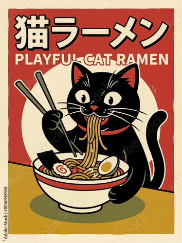 black cat eating ramen with chopsticks