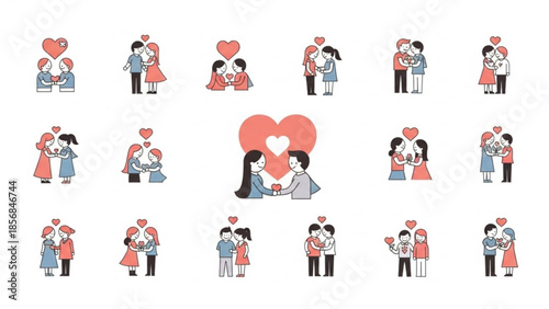 Couples in love with hearts romantic relationships and affectionate moments