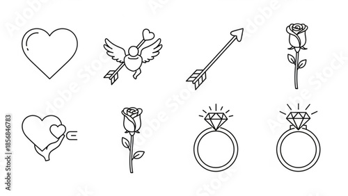 Black and white line art illustrations of romantic symbols including hearts, roses, cupid, arrow, and rings