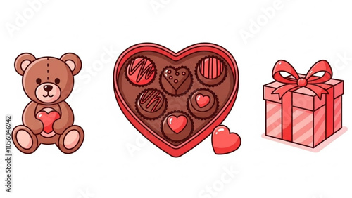 Brown teddy bear holding heart, heart shaped chocolate box, and gift box with red bow on white background