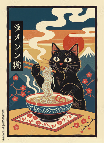 black cat eating ramen with chopsticks