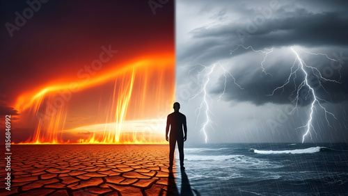 A human figure stands between two extreme climatic conditions—blazing heat and a thunderstorm.