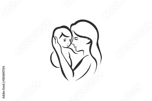 Illustration of mother and baby in line style, full of love and care.