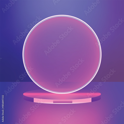 Neon coin on a pedestal, on a gradient neon background