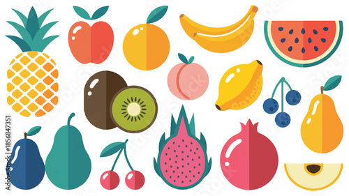 A fresh collection of vector illustrations featuring a healthy set of fruits and vegetables including apple, strawberry, banana, orange, and watermelon icons