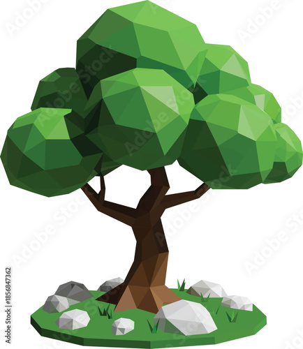 An isometric tree, in vector, with rocks and scars, suitable for games