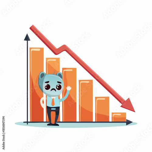 Bear character stressed by declining business graph