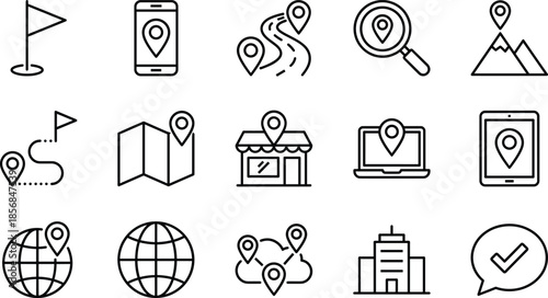 Navigation line icons for location tracking, map pins, GPS travel, global positioning, route planning, destination points, mobile finding, and geographic orientation.