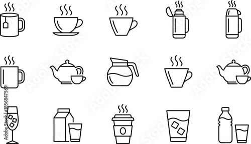 Beverage line icons for hot coffee, tea, mugs, teapots, thermal flasks, cold water, iced drinks, milk cartons, bottles, and caffeine.
