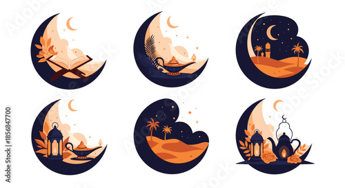 Collection of six beautiful illustrations for Islamic holidays like Ramadan and Eid, featuring crescent moons, desert landscapes, and the holy Quran.