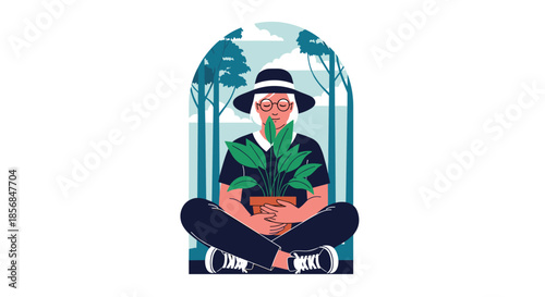 Peaceful senior woman with a hat and glasses sitting cross-legged in a forest, lovingly embracing a potted plant, symbolizing a connection with nature.
