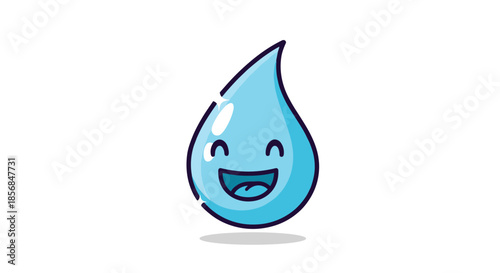 Cheerful and cute cartoon water drop character with a big, happy, laughing expression, isolated on a white background, representing hydration and fun.