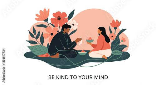 Illustration of a couple sitting peacefully together among large flowers with the message Be Kind to Your Mind, promoting mental health and wellness.