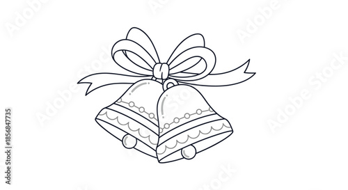 Elegant black and white line art of two festive bells tied together with a large ribbon, perfect for wedding invitations, Christmas cards, or coloring pages.