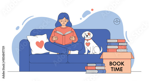Cozy scene of a woman and her dog relaxing on a sofa, both with heart symbols, surrounded by stacks of books, promoting the joy of reading at home.