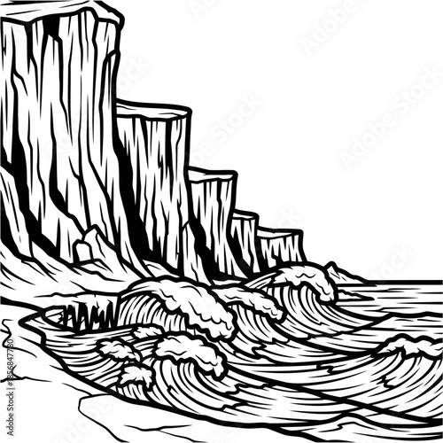 Stylized monochrome illustration of rugged cliffs meeting the ocean waves