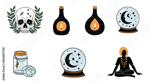 Mystical set of esoteric and magical elements, including a skull, potion bottles, crystal balls, a meditating silhouette, and a jar with a crystal.