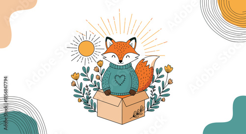 Whimsical illustration of a cute fox in a cozy sweater sitting in a box, set against a background with a sun, flowers, and abstract boho-style shapes.