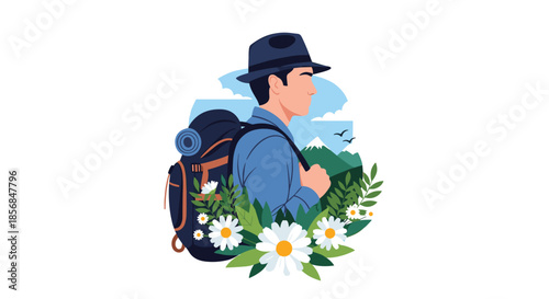 Male traveler with a hat and backpack, surrounded by beautiful daisy flowers and a scenic mountain background, perfect for adventure and nature themes.