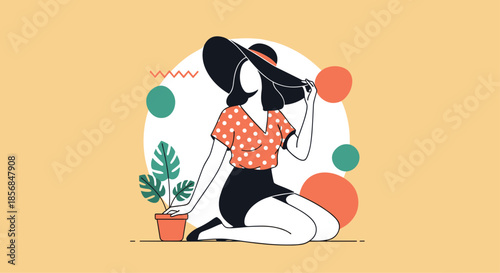 Elegant illustration of a stylish faceless woman in a large black hat and polka-dot top, sitting gracefully beside a monstera plant with abstract shapes.