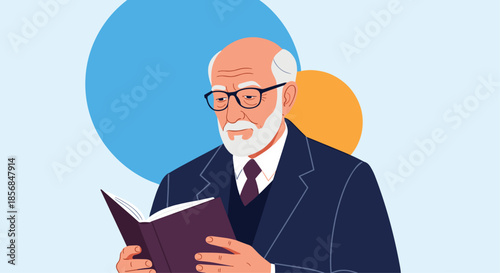Portrait illustration of an elderly intellectual gentleman with a white beard and glasses, deeply engrossed in reading a book against a simple background.