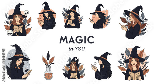 Collection of beautiful modern witches in pointed hats, reading magic books and using smartphones, with botanical and celestial elements.