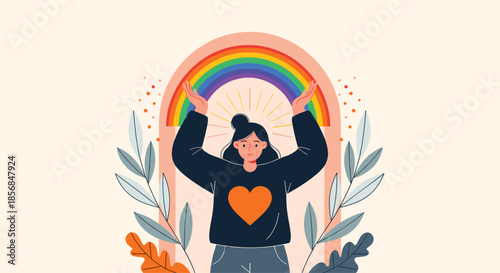 Happy young woman with a heart on her sweater, raising her hands to a vibrant rainbow, symbolizing hope, pride, and positivity.