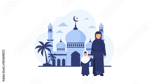 Muslim family celebrating spiritual unity during ramadhan, standing proudly before a grand mosque, embracing Islamic traditions and community joy