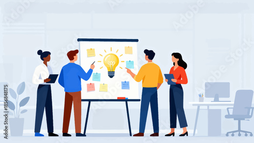 Office team brainstorms with lightbulb