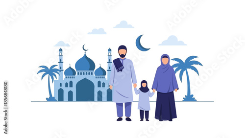 Ramadhan family celebration with mosque and palm trees, a depiction of Islamic culture and festive spirit