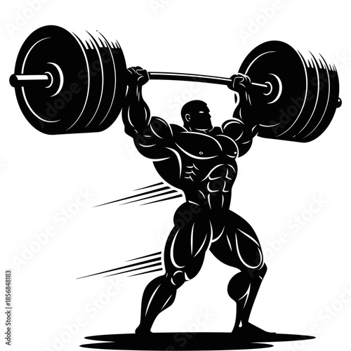 Silhouette of a muscular weightlifter holding a heavy barbell overhead, fitness and strength training concept