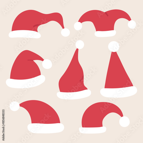 Set of red Santa hats in different shapes. Festive Christmas illustration for holiday design, stickers, cards, posters and seasonal decoration.