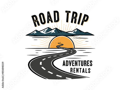 Vintage road trip logo featuring a winding highway leading towards a sunset behind mountains, with text 'ROAD TRIP ADVENTURES RENTALS'.
