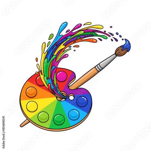 Vibrant painter's palette with a rainbow of colors and a paintbrush creating a dynamic splash of colorful paint.