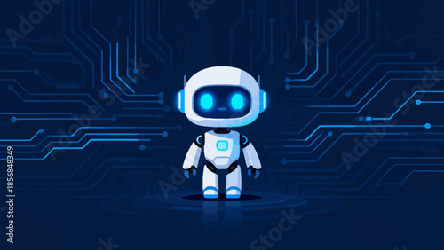 Robot with glowing eyes on circuit background