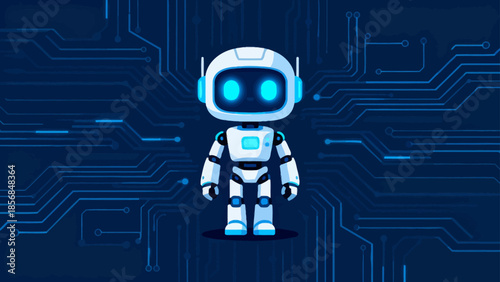 Robot with glowing eyes on circuit board