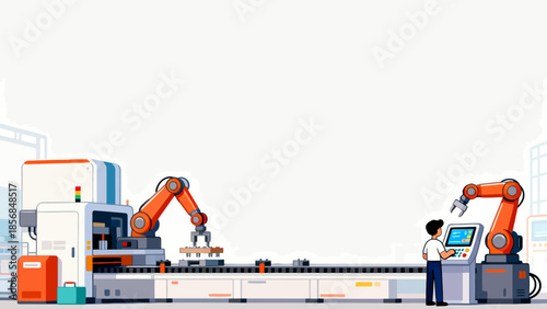 Factory worker operating robotic arms