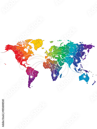 A vibrant, multicolored world map illustration with glowing connections spanning across continents, symbolizing global connectivity and communication.