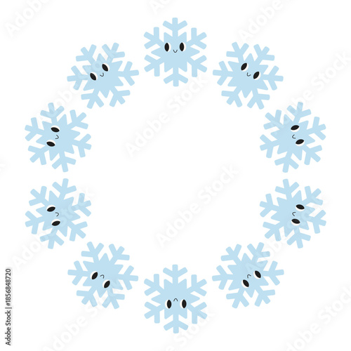 Circular frame made of cute snowflakes with faces. Playful winter illustration for holiday cards, invitations, posters and Christmas design elements.
