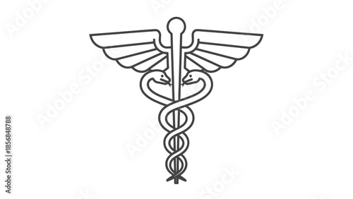 A black and white line drawing of the Caduceus symbol, representing medicine and commerce.