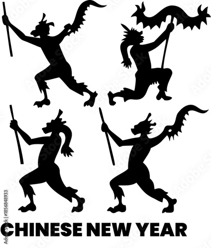 Chinese new year dragon dance silhouette vector illustration showing performers moving in rhythmic patterns for traditional festive celebration events and cultural community activities