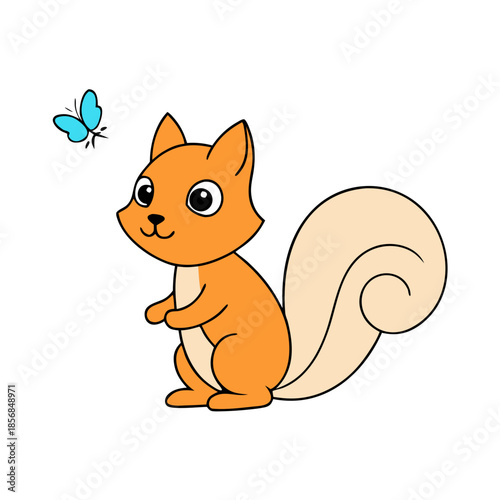 Friendly squirrel sitting calmly, butterfly nearby