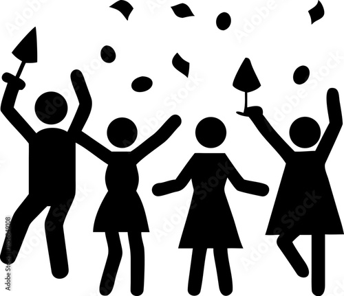 Silhouettes of four people dancing joyfully surrounded by falling confetti and streamers celebrating party occasion with raised arms