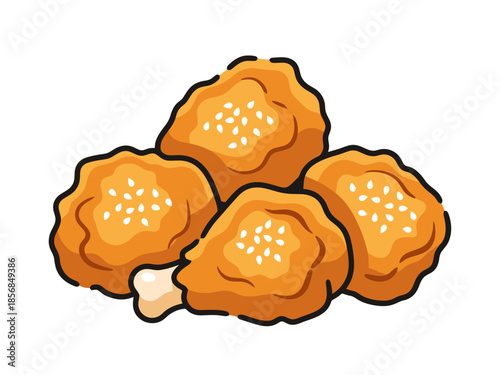 Crispy Golden Fried Chicken Bites with Sesame Seeds on White Background